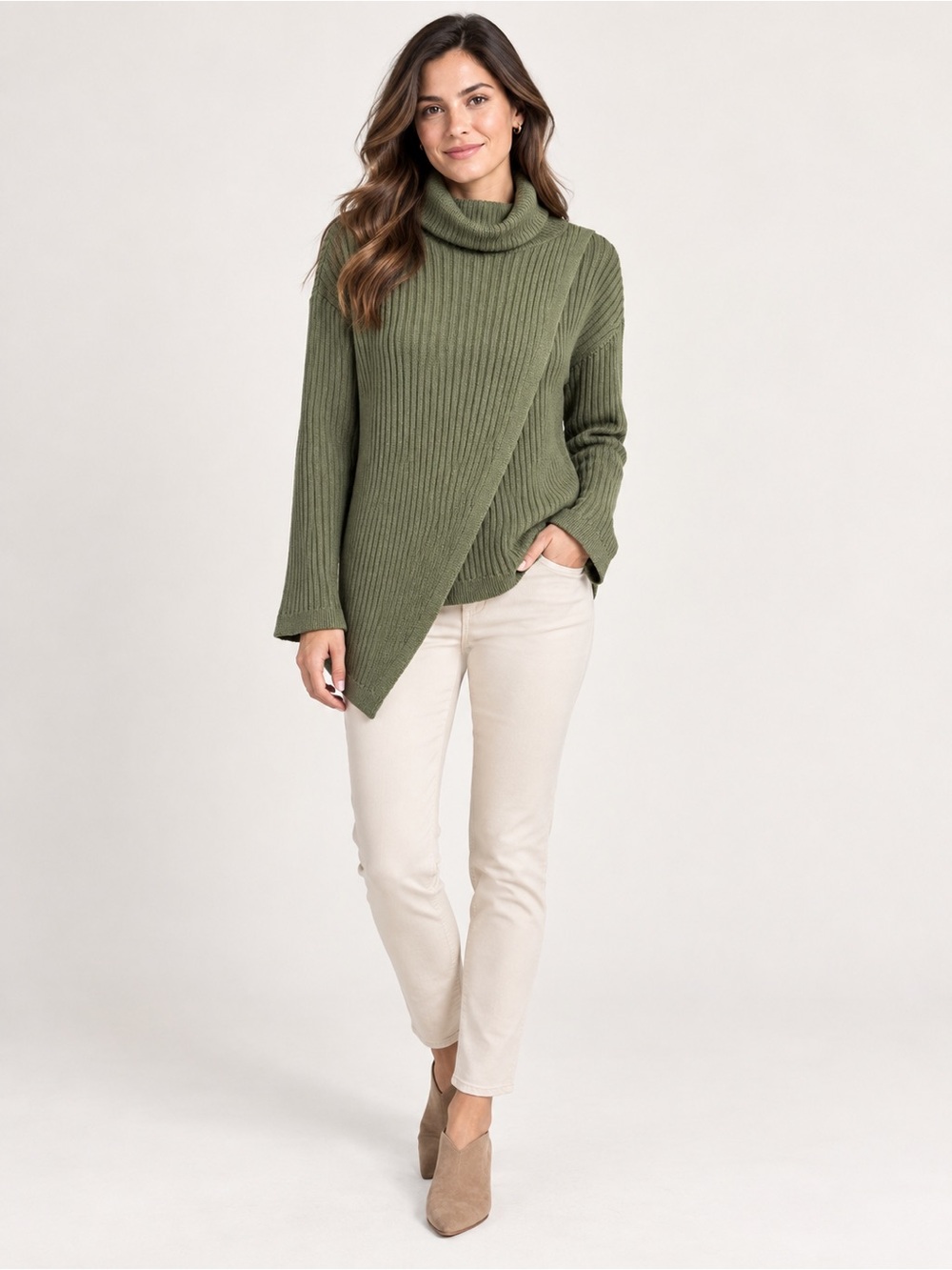 Thakoon Collective Asymmetrical Faux Wrap Olive Ribbed Turtleneck Sweater M